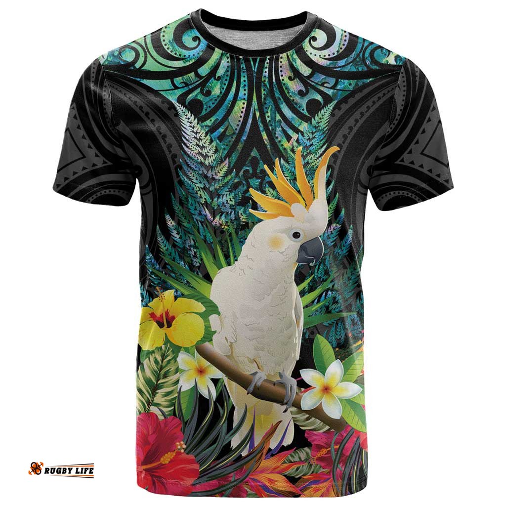 Sulphur-crested Cockatoo New Zealand T Shirt Paua Shell Aotearoa Maori Tropical Flowers LT14