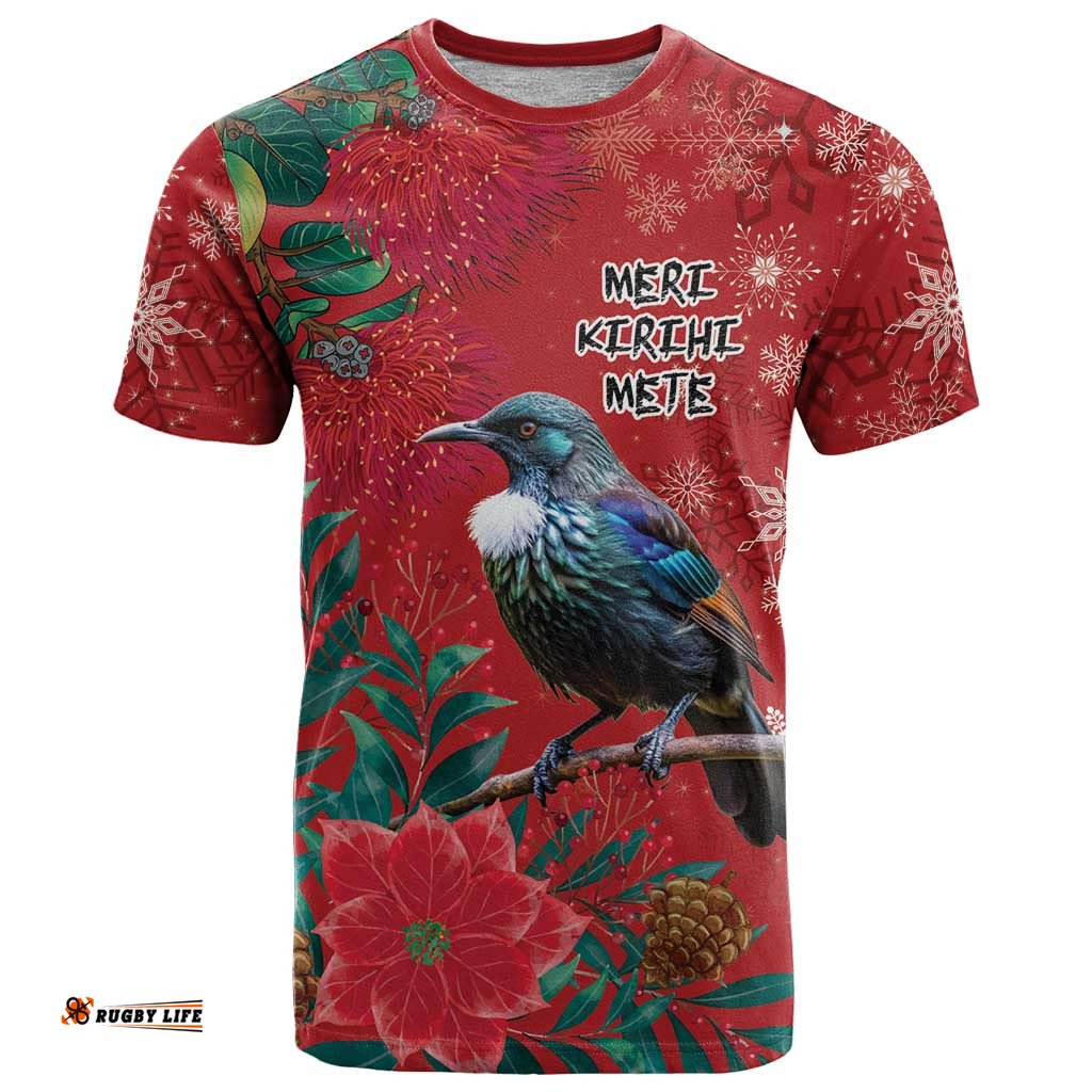 Tui Meri Kirihimete Personalised T Shirt Pohutukawa Flowers Red Motif LT9