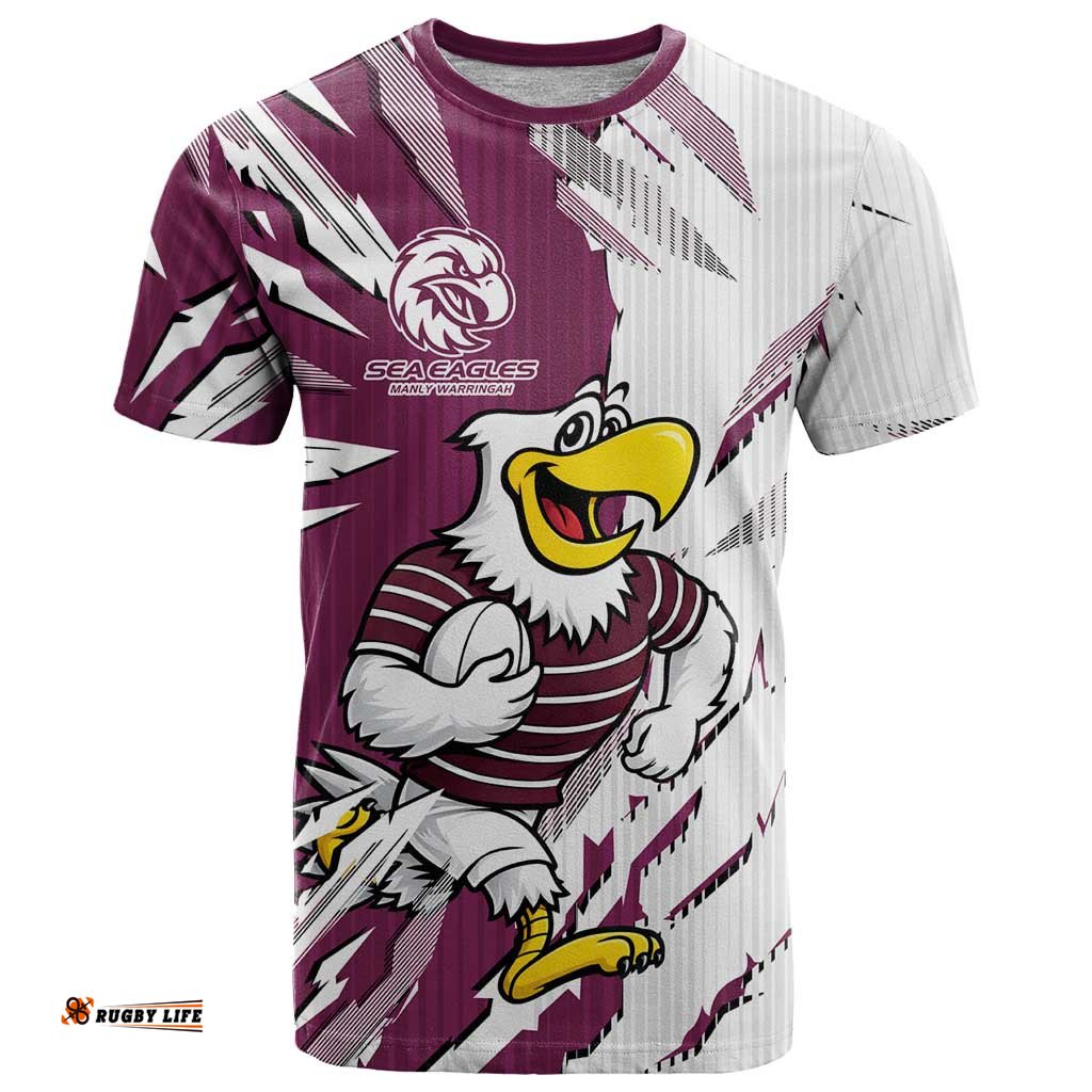 Personalized Manly Warringah Sea Eagles T Shirt Dynamic Lightning Mascot Rugby Australia TS04