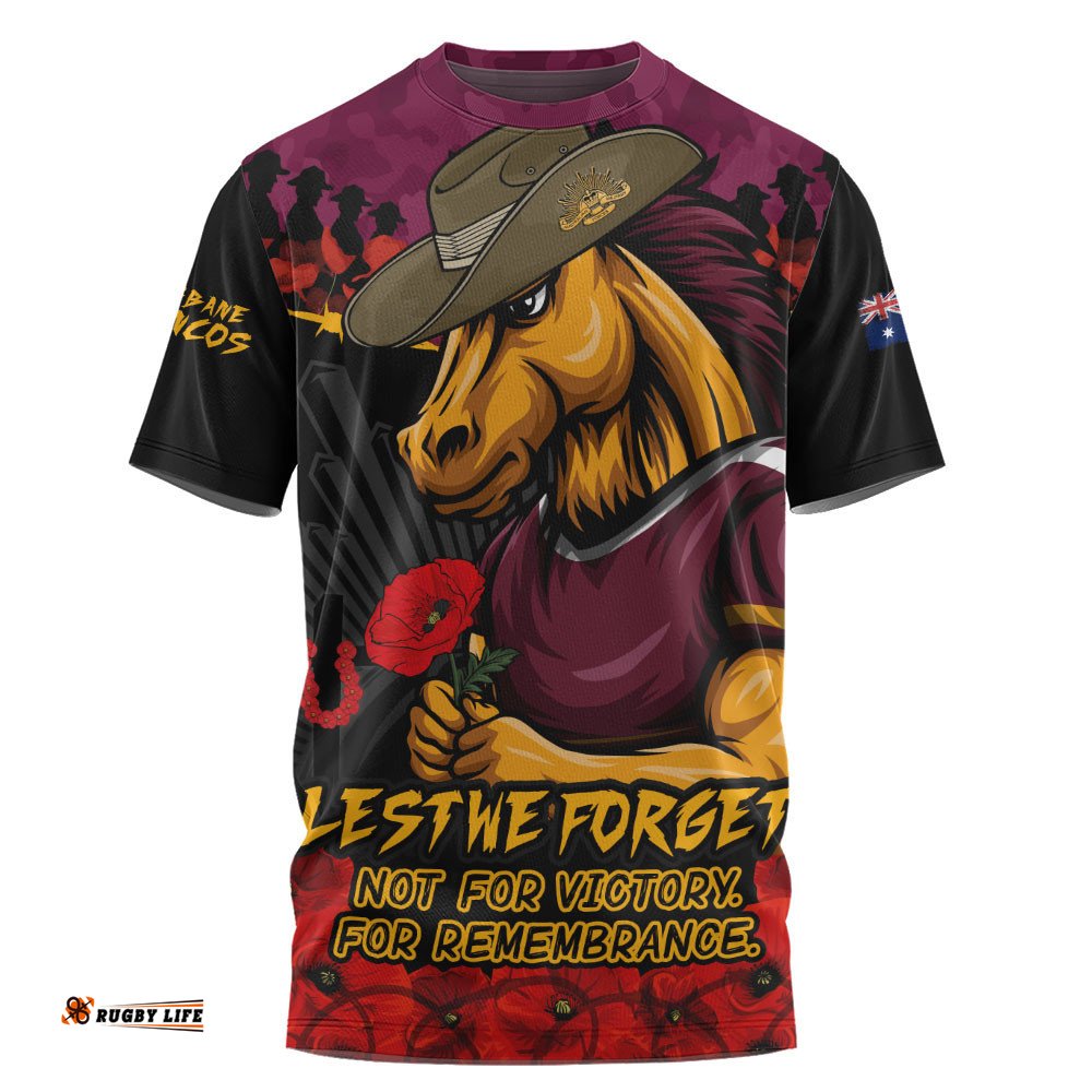 Brisbane Broncos T-Shirt ANZAC Day Red Poppy And Brave Hearts Remembrance