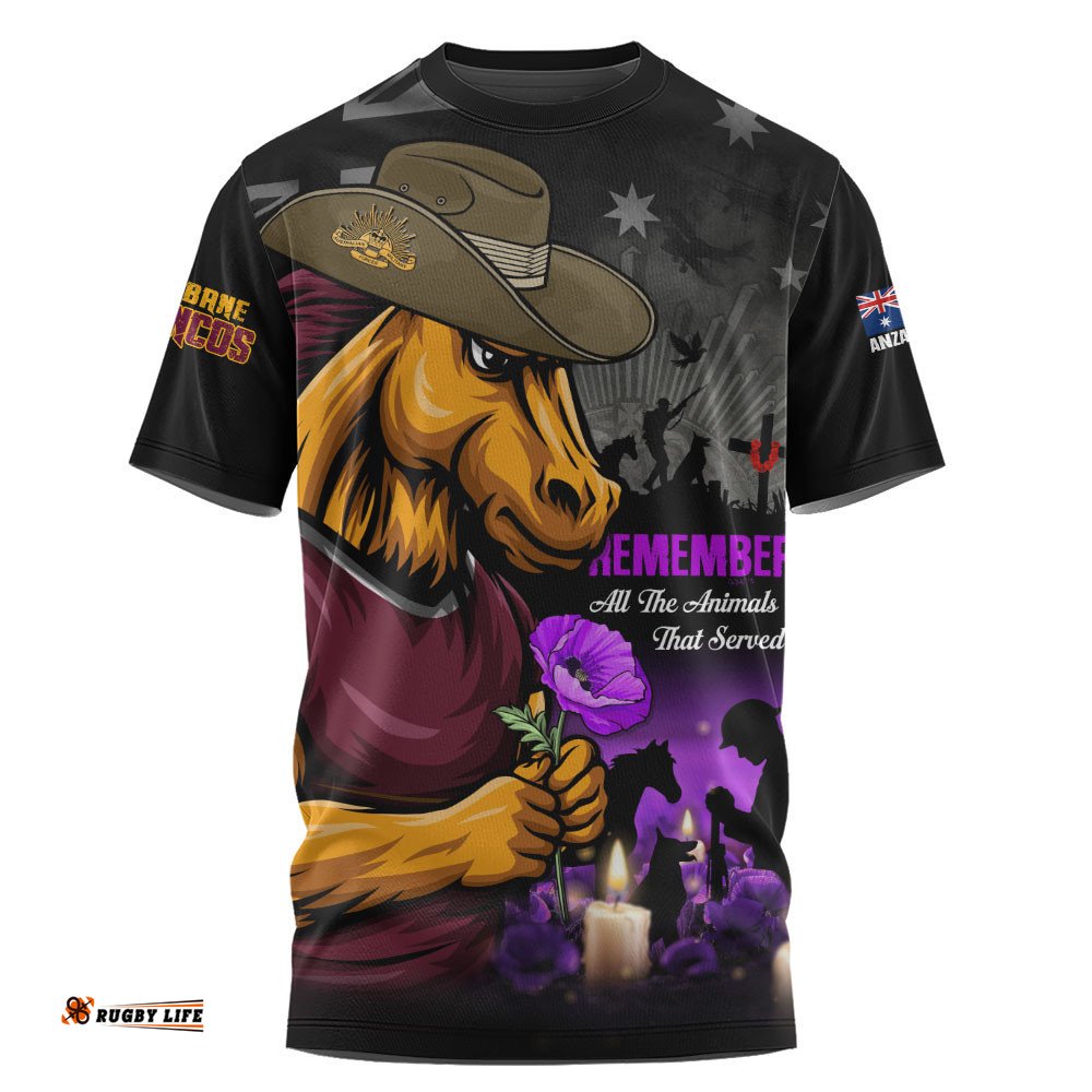 Brisbane Broncos T-Shirt Anzac Day Purple Poppy And Animals That Served