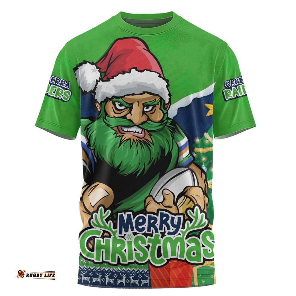 Canberra Raiders T-Shirt Santa Scoring Touchdown On Christmas Game Day