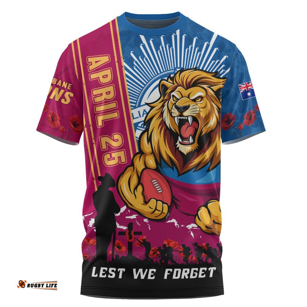 Brisbane Lions T-Shirt Anzac Day Lest We Forget Memorial