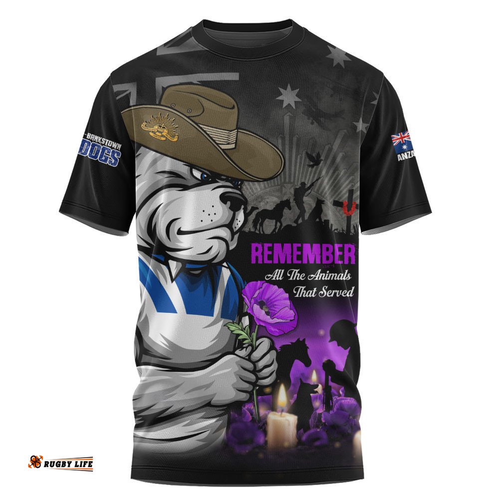 Canterbury-Bankstown Bulldogs T-Shirt Anzac Day Purple Poppy And Animals That Served