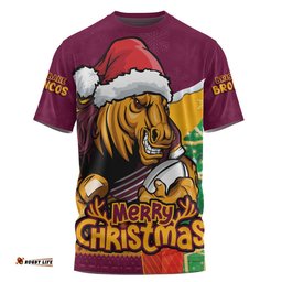 Brisbane Broncos T-Shirt Santa Scoring Touchdown On Christmas Game Day