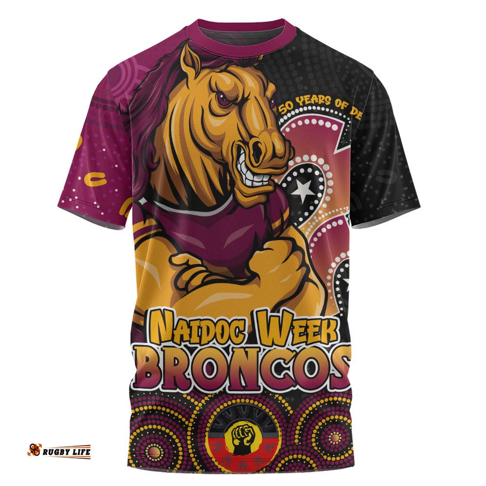 Brisbane Broncos T-Shirt NAIDOC Week 50 Years Of Deadly Indigenous Pattern