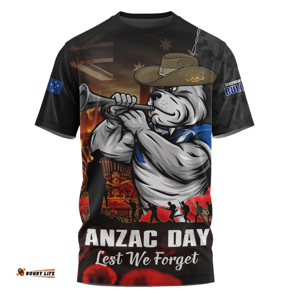 Canterbury-Bankstown Bulldogs T-Shirt Anzac Day Rising Dawn Ceremony Lest We Forget Courage