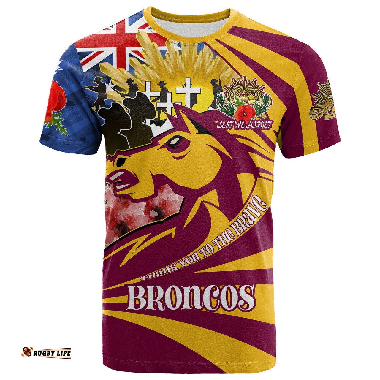Brisbane Broncos T-shirt - Custom Remembrance Brisbane Broncos With Poppy And Rosemary T-shirt
