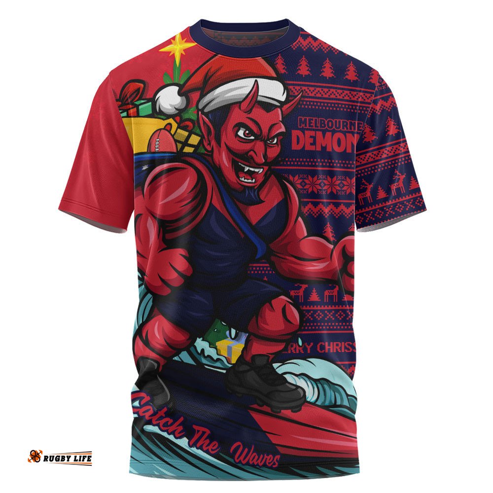 Melbourne T-Shirt Christmas Holiday Santa Rides The Waves