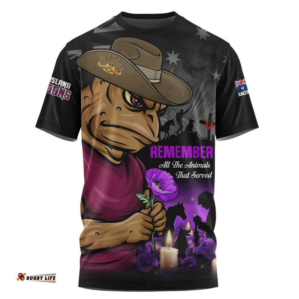 Queensland Maroons T-Shirt Anzac Day Purple Poppy And Animals That Served