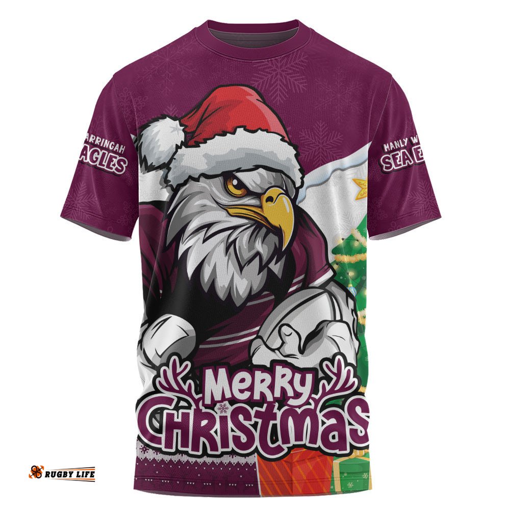 Manly Warringah Sea Eagles T-Shirt Santa Scoring Touchdown On Christmas Game Day