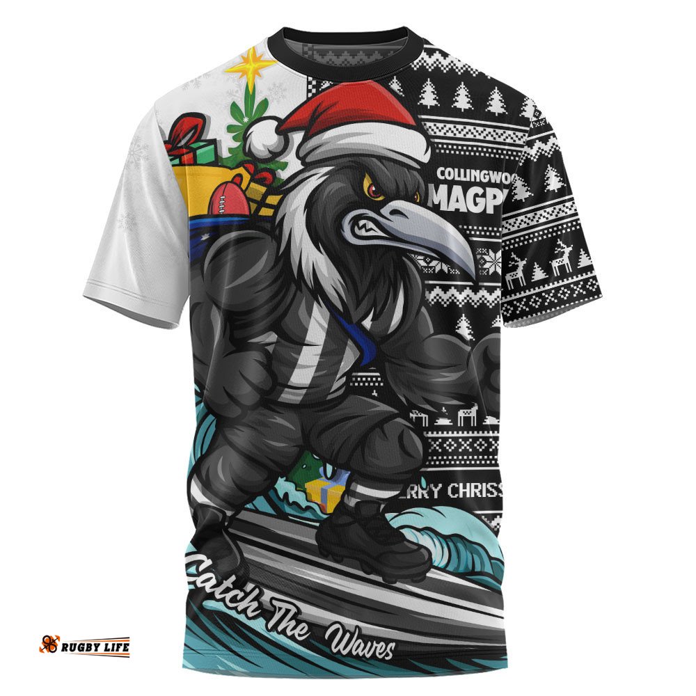 Collingwood T-Shirt Christmas Holiday Santa Rides The Waves