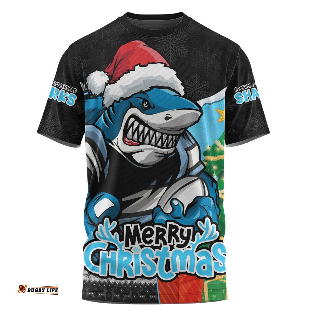 Cronulla-Sutherland Sharks T-Shirt Santa Scoring Touchdown On Christmas Game Day