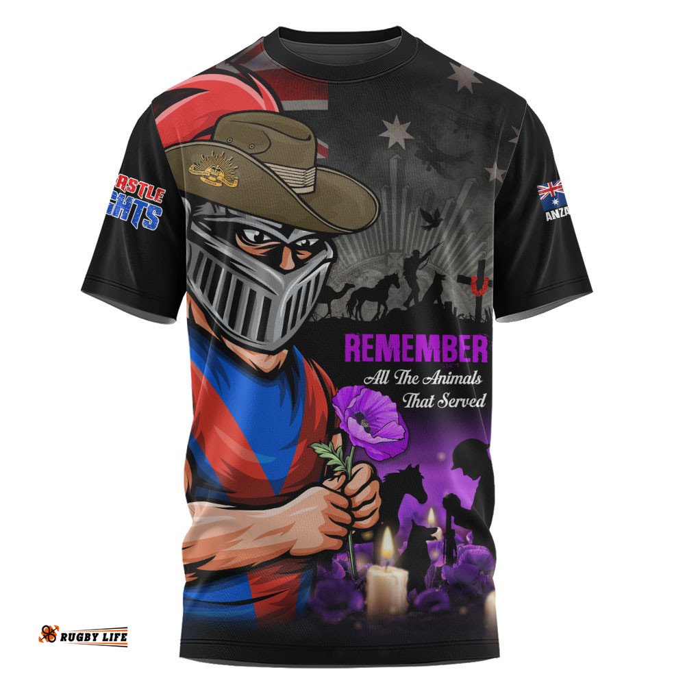 Newcastle Knights T-Shirt Anzac Day Purple Poppy And Animals That Served