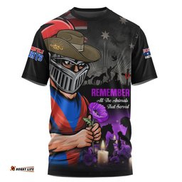 Newcastle Knights T-Shirt Anzac Day Purple Poppy And Animals That Served