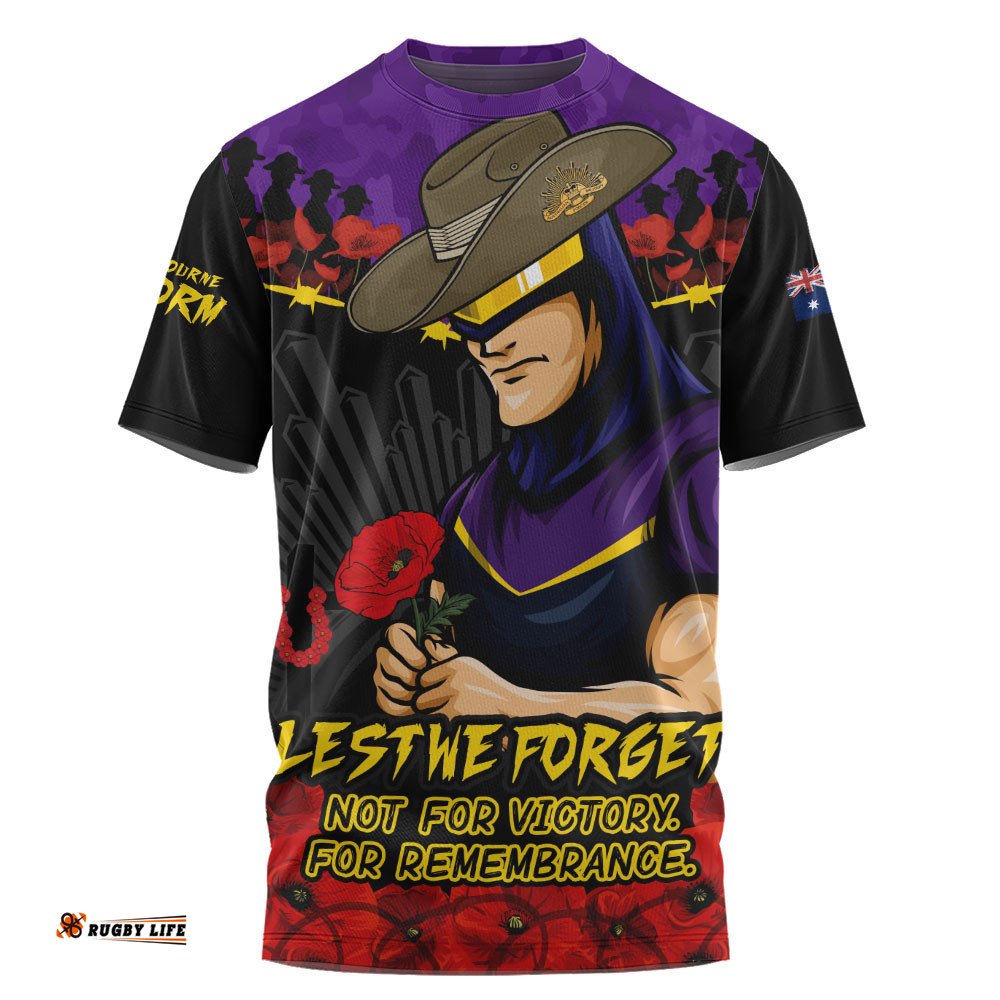 Melbourne Storm T-Shirt ANZAC Day Red Poppy And Brave Hearts Remembrance