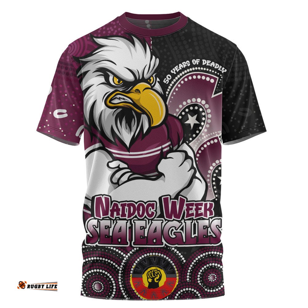Manly Warringah Sea Eagles T-Shirt NAIDOC Week 50 Years Of Deadly Indigenous Pattern