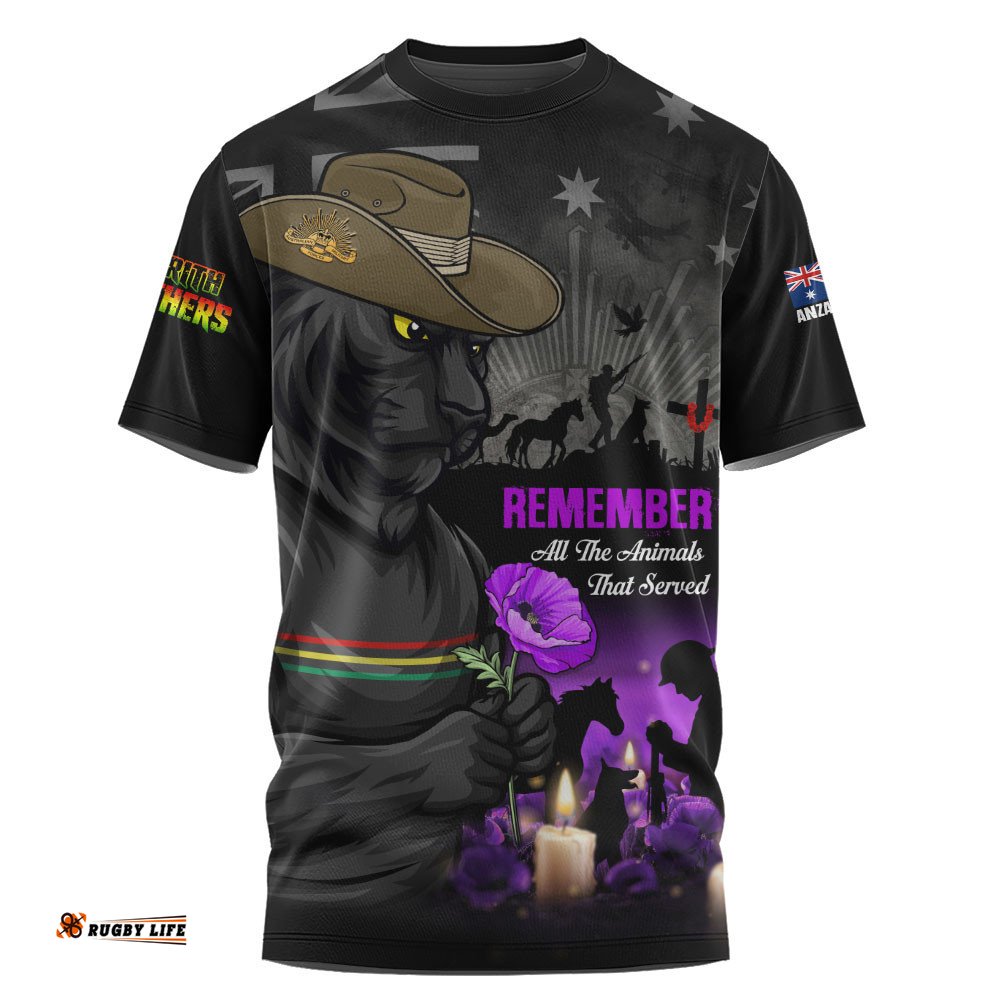 Penrith Panthers T-Shirt Anzac Day Purple Poppy And Animals That Served