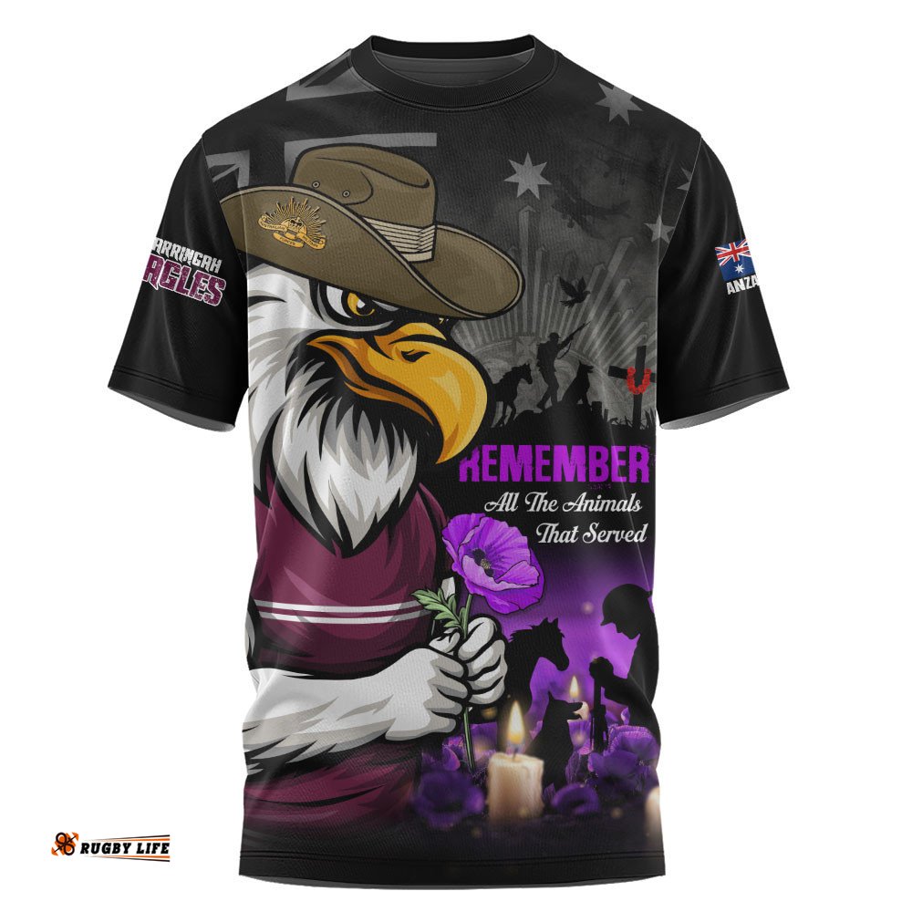 Manly Warringah Sea Eagles T-Shirt Anzac Day Purple Poppy And Animals That Served