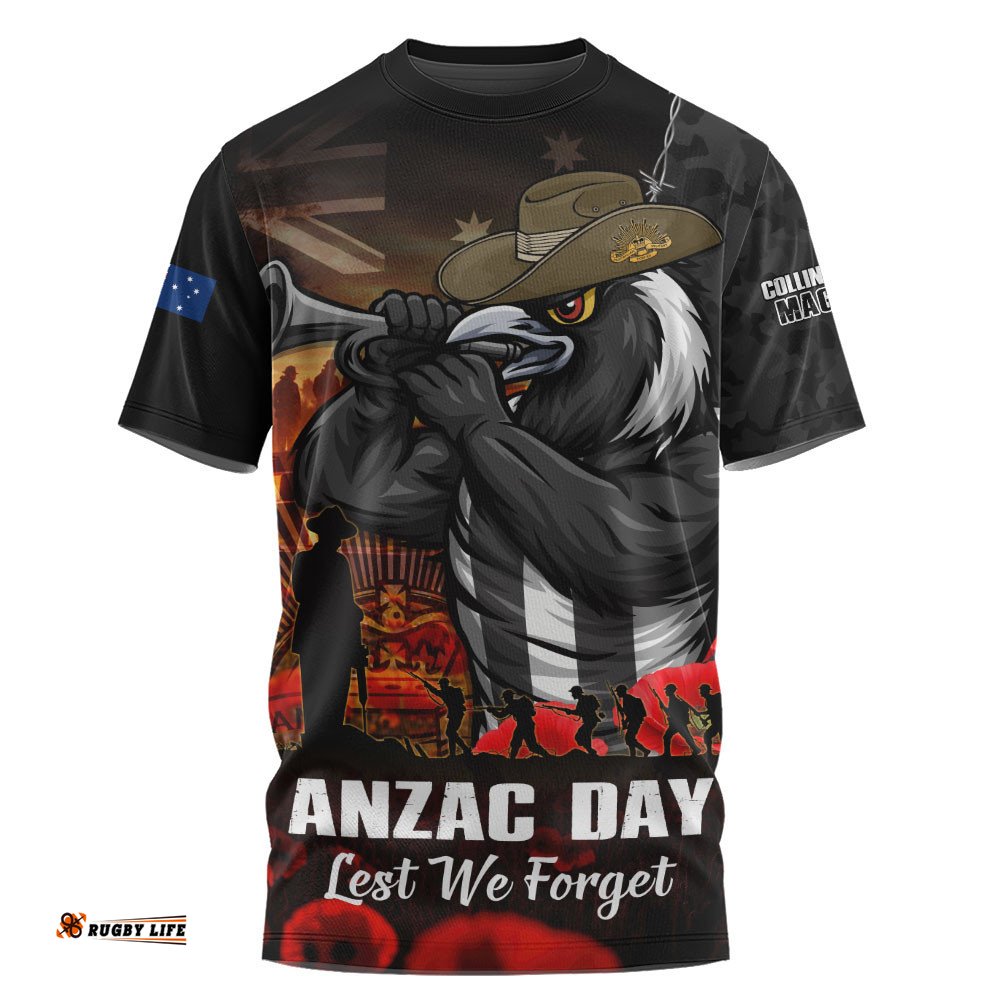 Collingwood T-Shirt ANZAC Day Lest We Forget Red Poppy And Honor The Brave Tribute