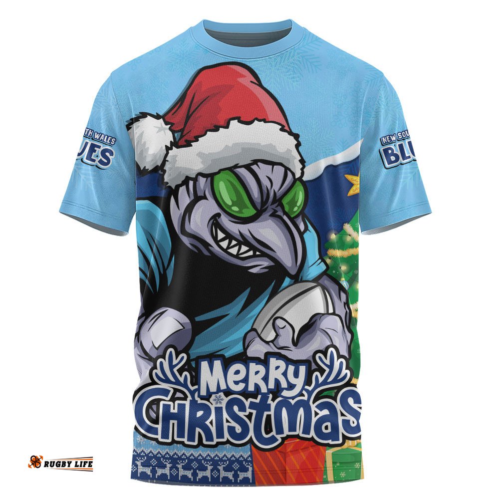New South Wales Blues T-Shirt Santa Scoring Touchdown On Christmas Game Day