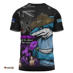 Cronulla-Sutherland Sharks T-Shirt Anzac Day Purple Poppy And Animals That Served