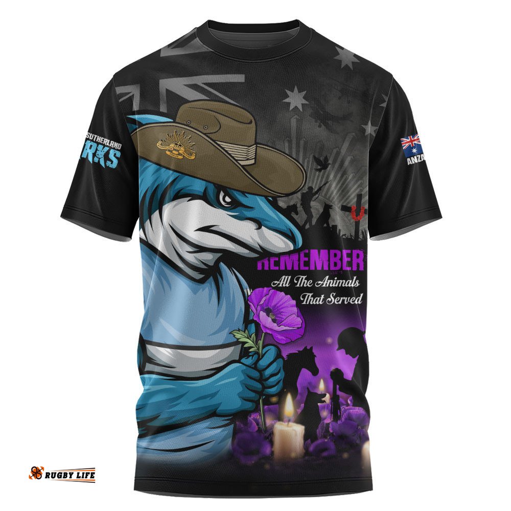 Cronulla-Sutherland Sharks T-Shirt Anzac Day Purple Poppy And Animals That Served