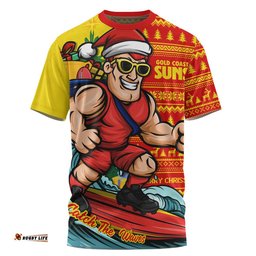 Gold Coast SUNS T-Shirt Christmas Holiday Santa Rides The Waves