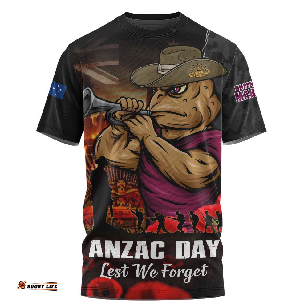 Queensland Maroons T-Shirt Anzac Day Rising Dawn Ceremony Lest We Forget Courage