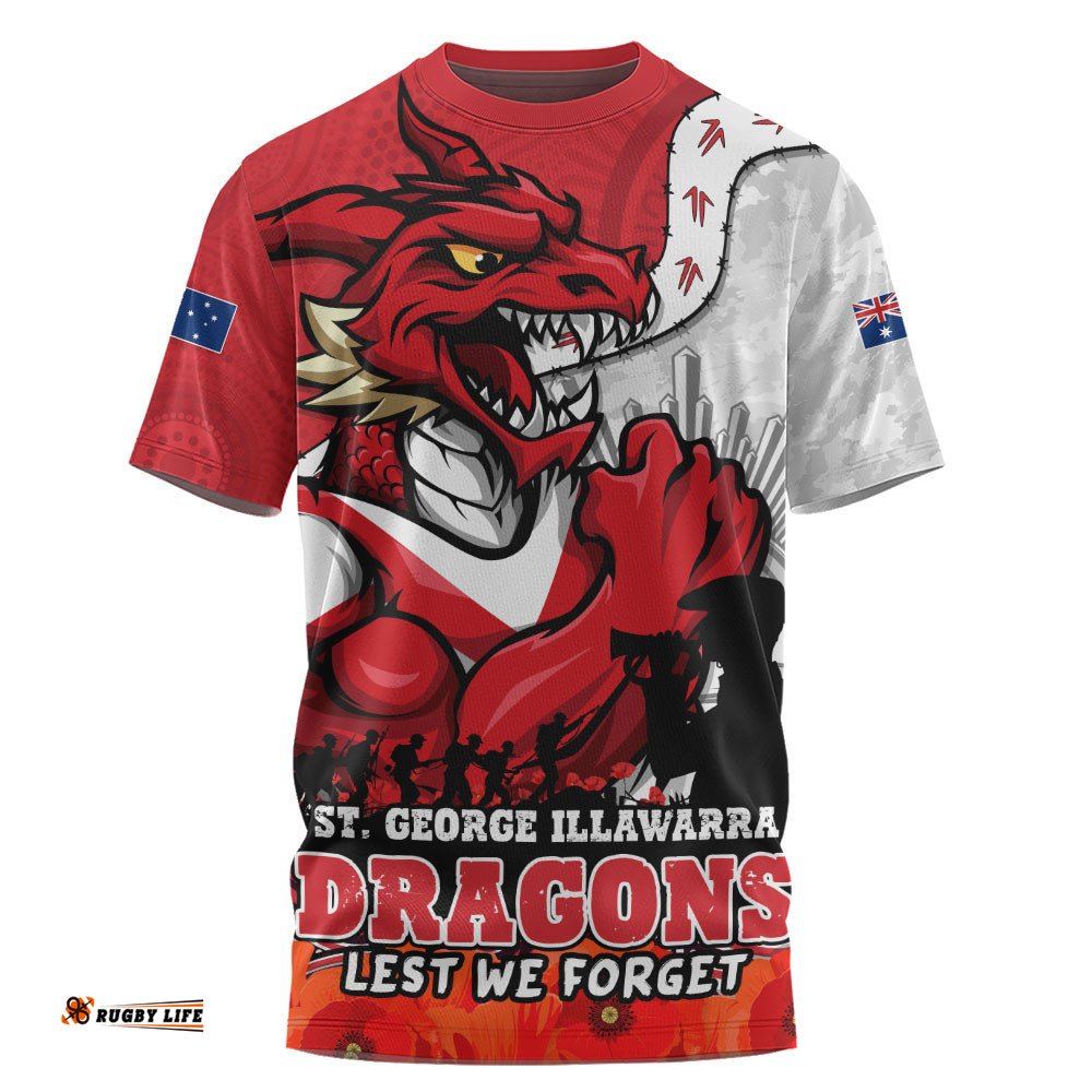 St. George Illawarra Dragons T-Shirt Anzac Day Remembrance Of Courage Loyalty Valor