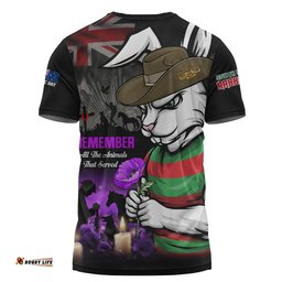 South Sydney Rabbitohs T-Shirt Anzac Day Purple Poppy And Animals That Served