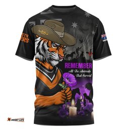 Wests Tigers T-Shirt Anzac Day Purple Poppy And Animals That Served