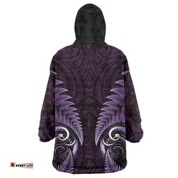 Aotearoa Pounamu Niho Wearable Blanket Hoodie Silver Fern Mix Maori Pattern - Purple LT14