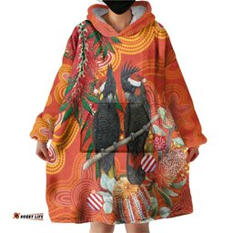 Australia Black Cockatoo Christmas Wearable Blanket Hoodie Banksia Bottlebrush Aboriginal Art LT14