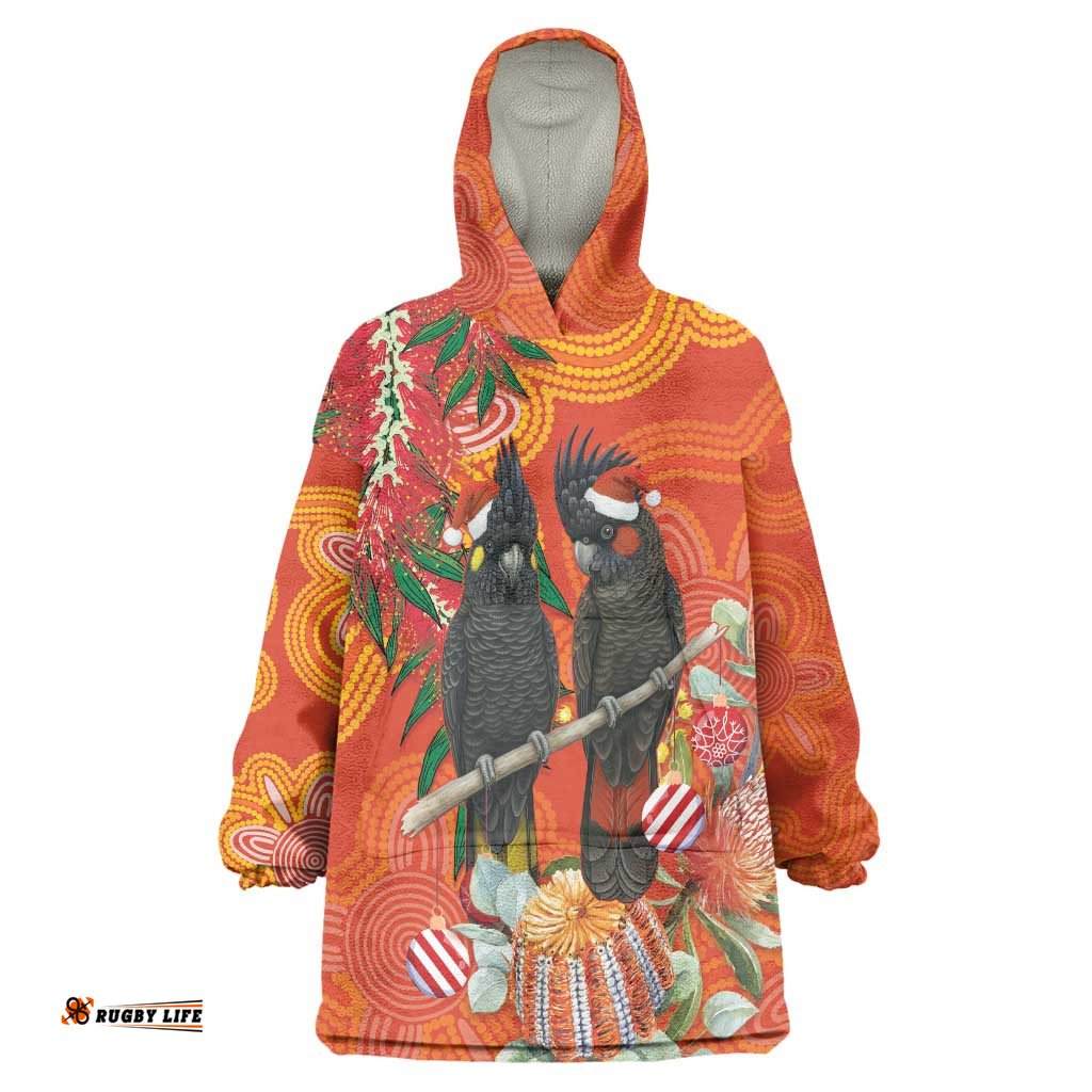 Australia Black Cockatoo Christmas Wearable Blanket Hoodie Banksia Bottlebrush Aboriginal Art LT14