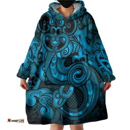 Aotearoa Maori Hei Tiki Wearable Blanket Hoodie Kikorangi Kowhaiwhai Puhoro Motif LT9