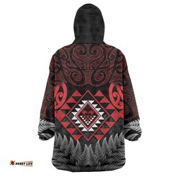 Aotearoa Kiwi Taniko Wearable Blanket Hoodie Silver Fern With Maori Koru Pattern LT14