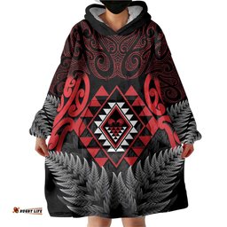 Aotearoa Kiwi Taniko Wearable Blanket Hoodie Silver Fern With Maori Koru Pattern LT14