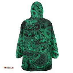Aotearoa Maori Hei Tiki Wearable Blanket Hoodie Kakariki Kowhaiwhai Puhoro Motif LT9