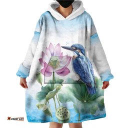 Australia Azure Kingfisher Wearable Blanket Hoodie Ceyx Azureus Sacred Lotus Watercolor LT14