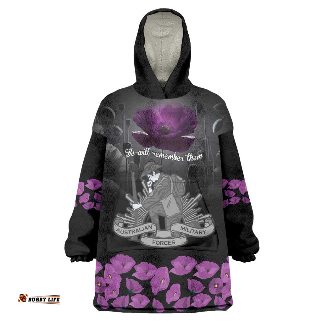 ANZAC Day Remembrance Wearable Blanket Hoodie Purple Poppy We Will Remember Them LT9