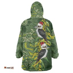 Aussie Kokaburra Golden Wattle Christmas Wearable Blanket Hoodie Aboriginal Dots Painting Green Motif LT9