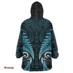 Aotearoa Pounamu Niho Wearable Blanket Hoodie Silver Fern Mix Maori Pattern - Turquoise LT14