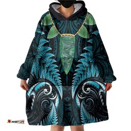 Aotearoa Pounamu Niho Wearable Blanket Hoodie Silver Fern Mix Maori Pattern - Turquoise LT14