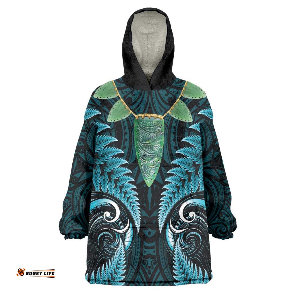 Aotearoa Pounamu Niho Wearable Blanket Hoodie Silver Fern Mix Maori Pattern - Turquoise LT14