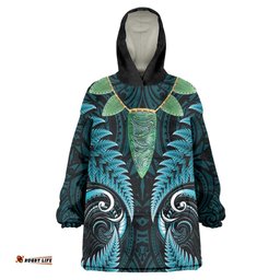 Aotearoa Pounamu Niho Wearable Blanket Hoodie Silver Fern Mix Maori Pattern - Turquoise LT14