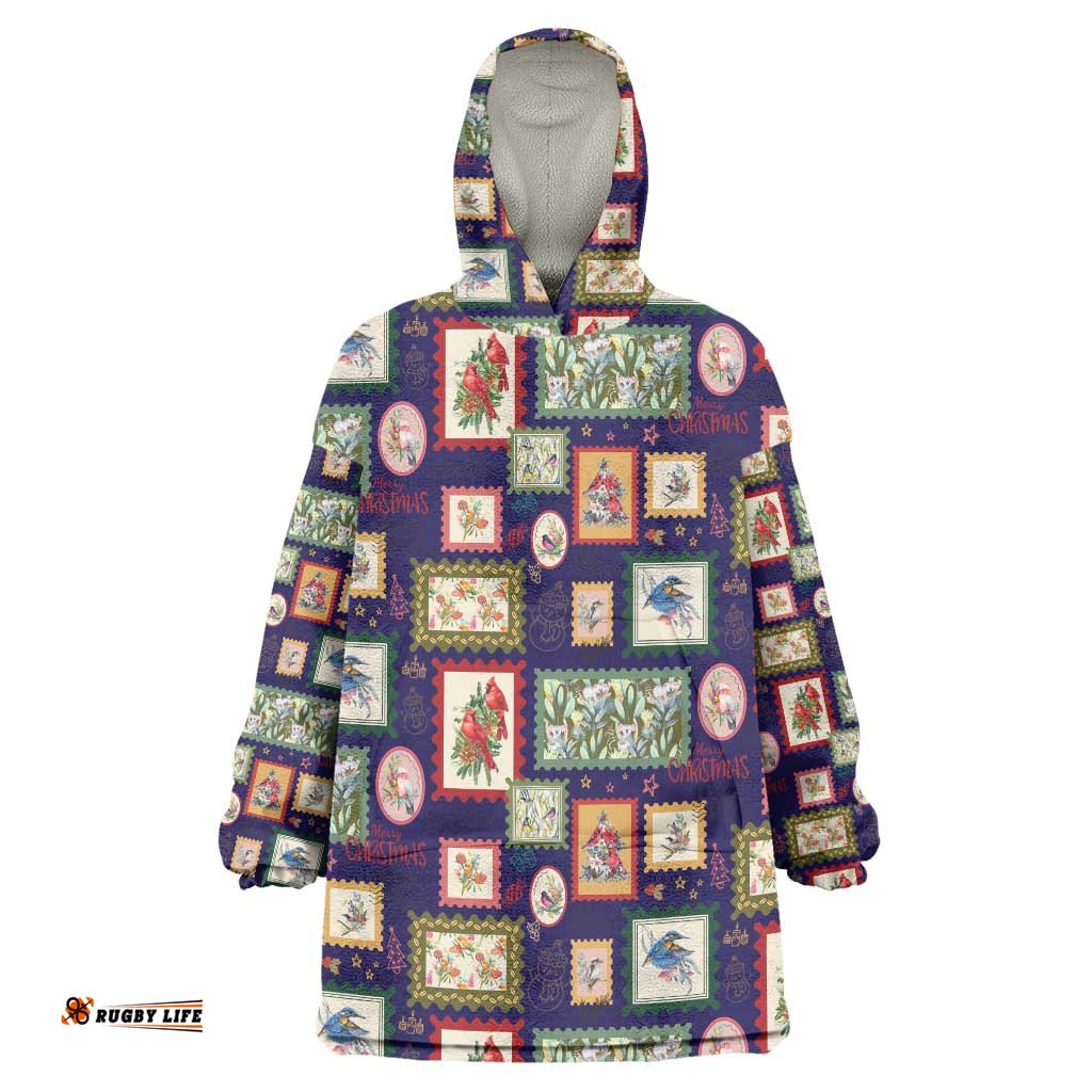 Aussie Birds Christmas La La Land Wearable Blanket Hoodie Navy Blue Vintage Stamp Edition LT9