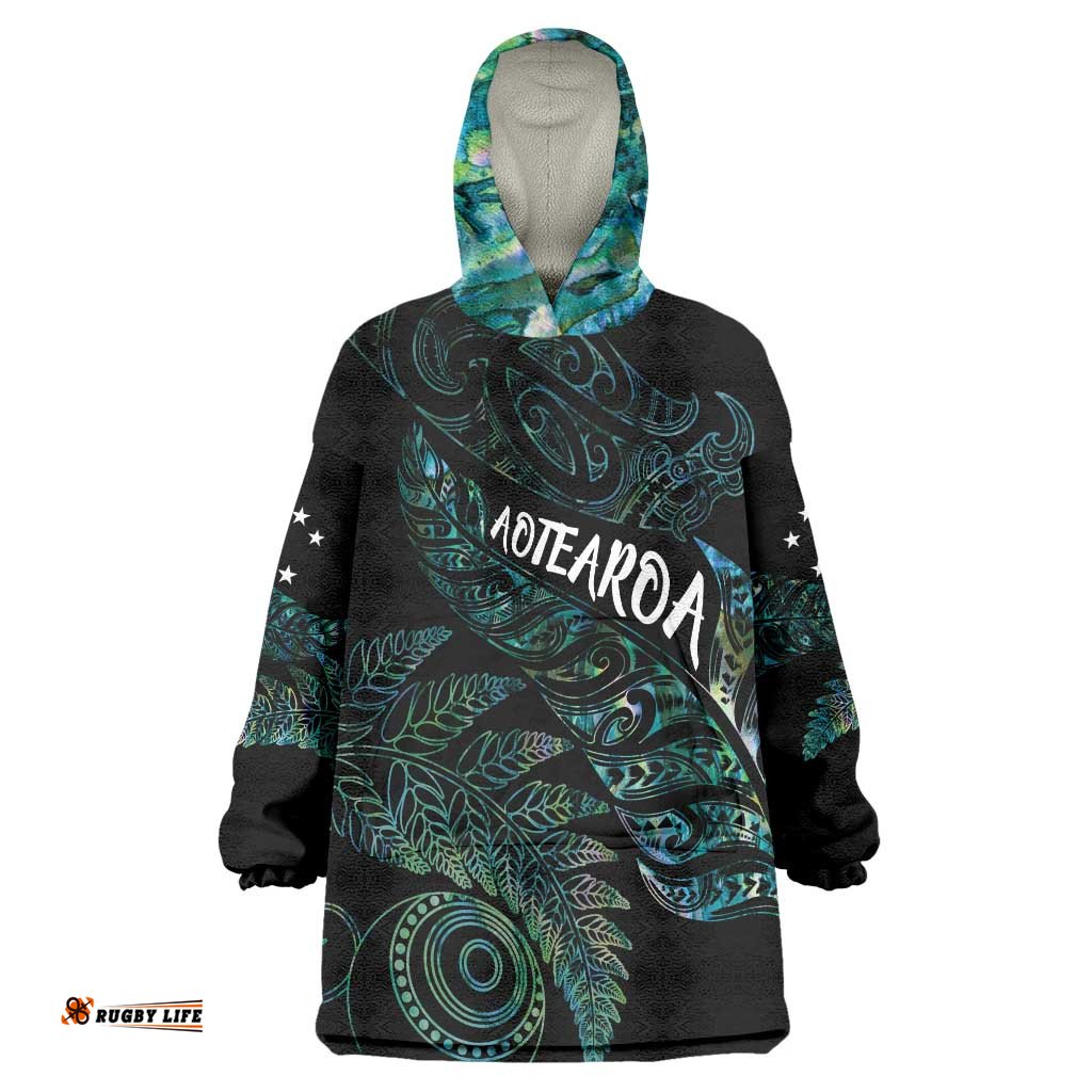 Aotearoa Personalized Lawn Bowls Maori Wearable Blanket Hoodie New Zealand Paua Shell Tribal Silver Fern LT7