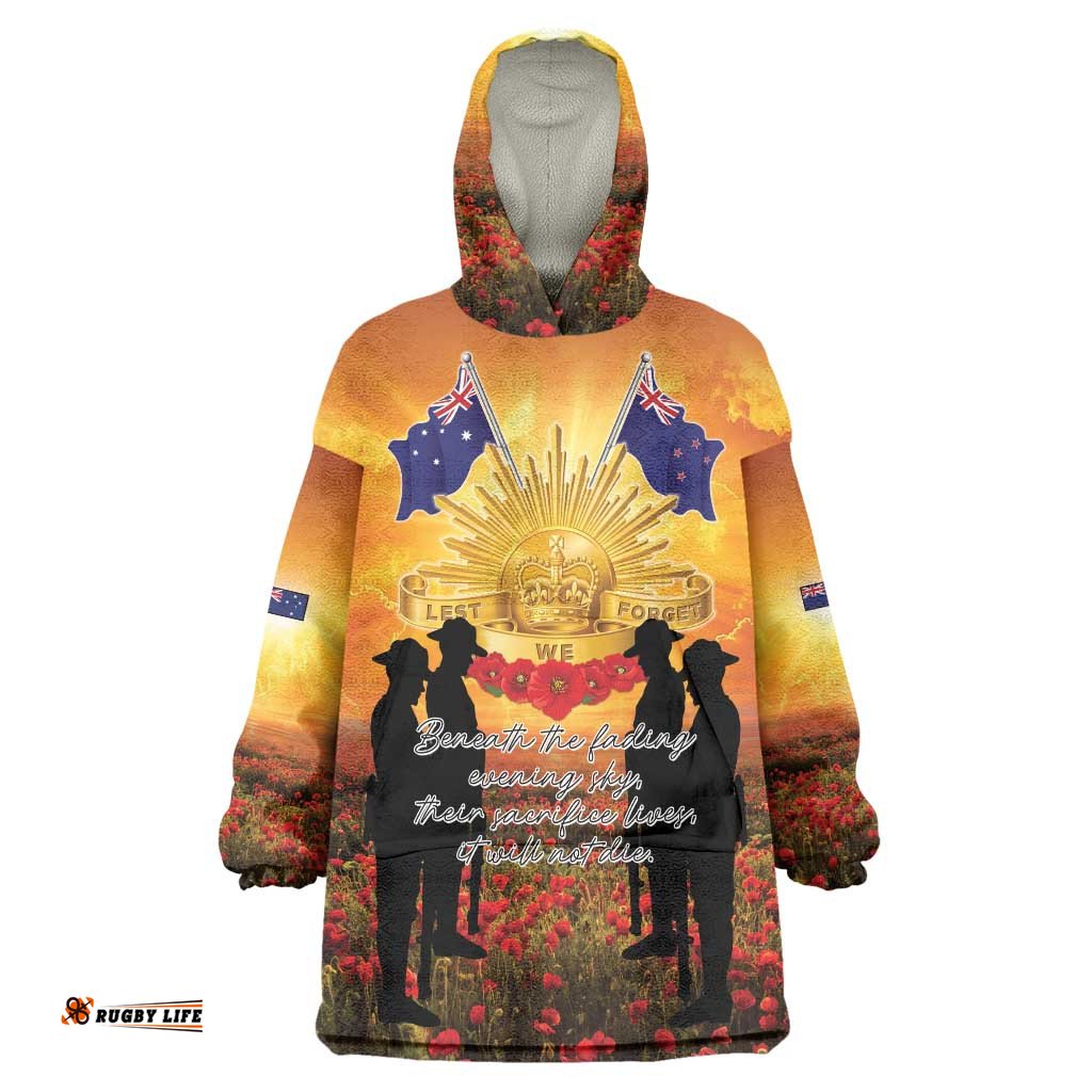 ANZAC Day Wearable Blanket Hoodie Remembrance Tribute Soldiers And Poppy Field LT05