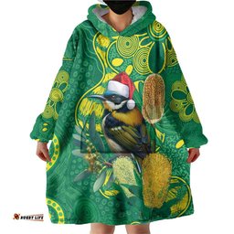 Aussie Honeyeaters Banksia Christmas Wearable Blanket Hoodie Aboriginal Dots Painting Green Motif LT9